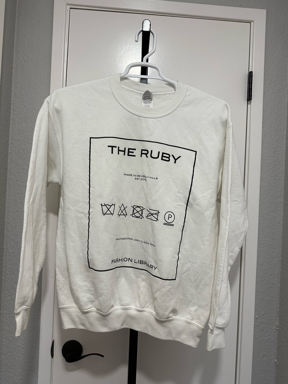 Gildan White Crewneck Sweatshirt with Black Graphic "The Ruby"
